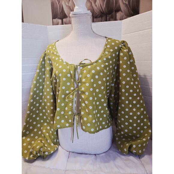 Levi's Green Floral Daisy Long Sleeve Puff Sleeve Tie Top Cropped XL Festive Y2K - Picture 1 of 9
